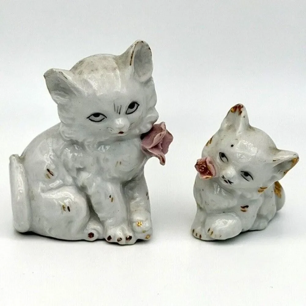 Set of 2 Porcelain White Persian Cat Figurines Pink Rose Gold Trim Japan 2